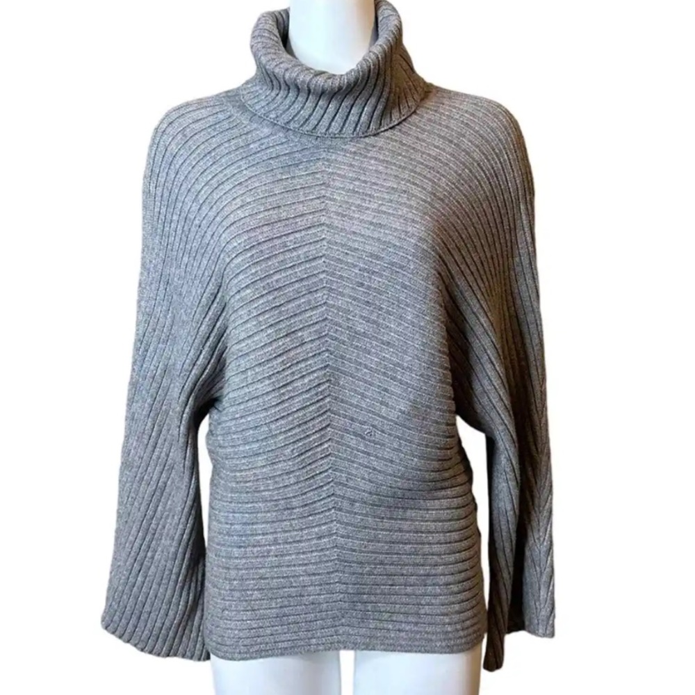 Grey Knit Turtleneck Sweater Bell Sleeve